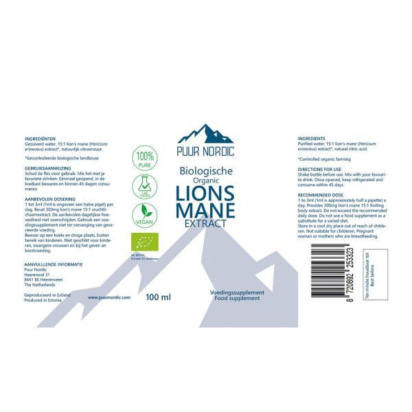Organic Lion's Mane Extract 100ml labels